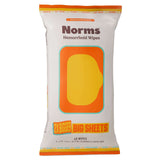 Norms Big Sheets medicated wipes package, providing soothing care for hemorrhoid relief, featuring extra-large wipes.