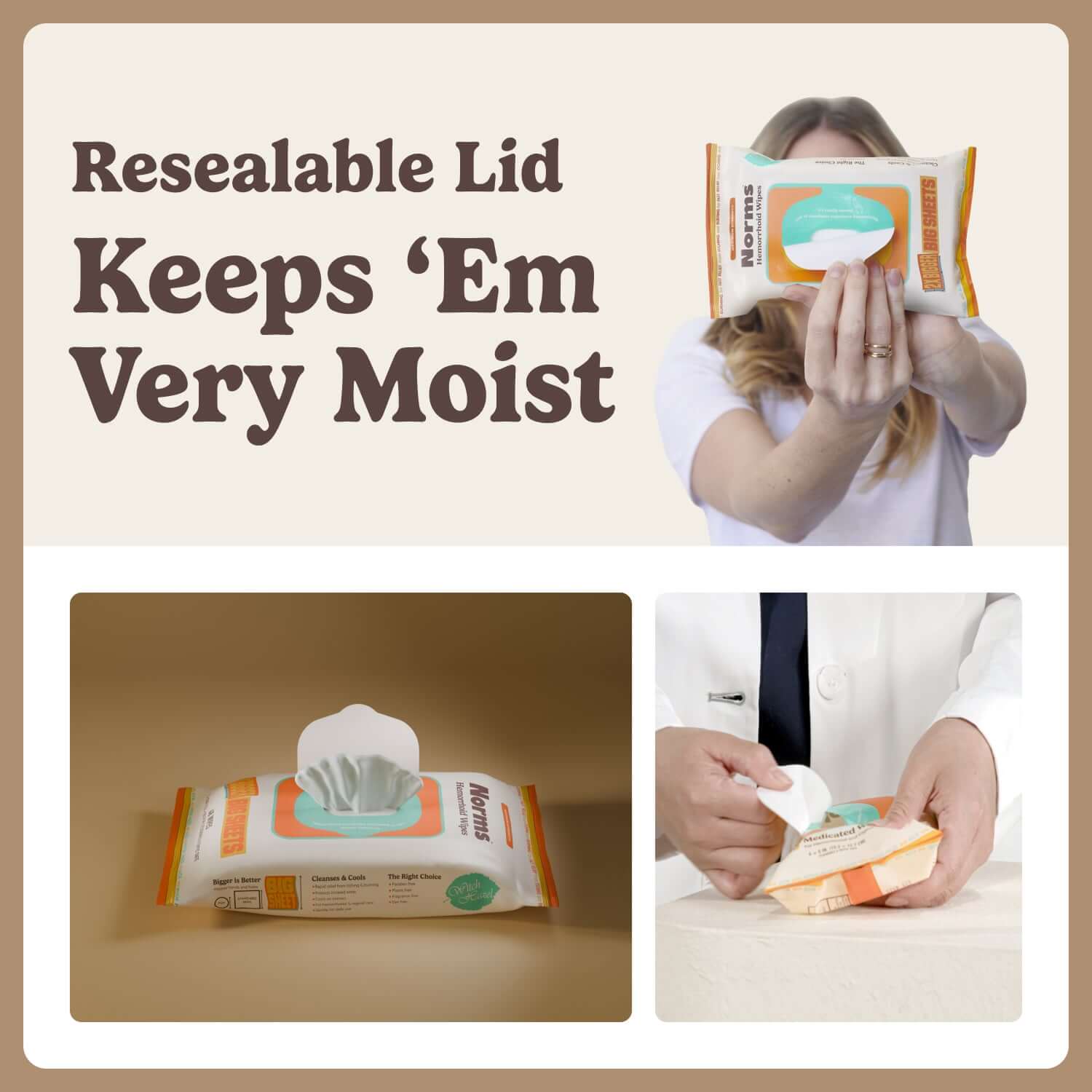 Resealable lid on Norms Big Sheets medicated wipes keeping them very moist for effective use.