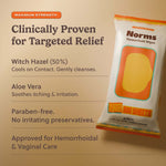 Norms medicated wipe packaging showing maximum strength, witch hazel, and aloe vera for soothing relief.