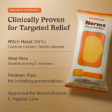 Norms medicated wipe packaging showing maximum strength, witch hazel, and aloe vera for soothing relief.