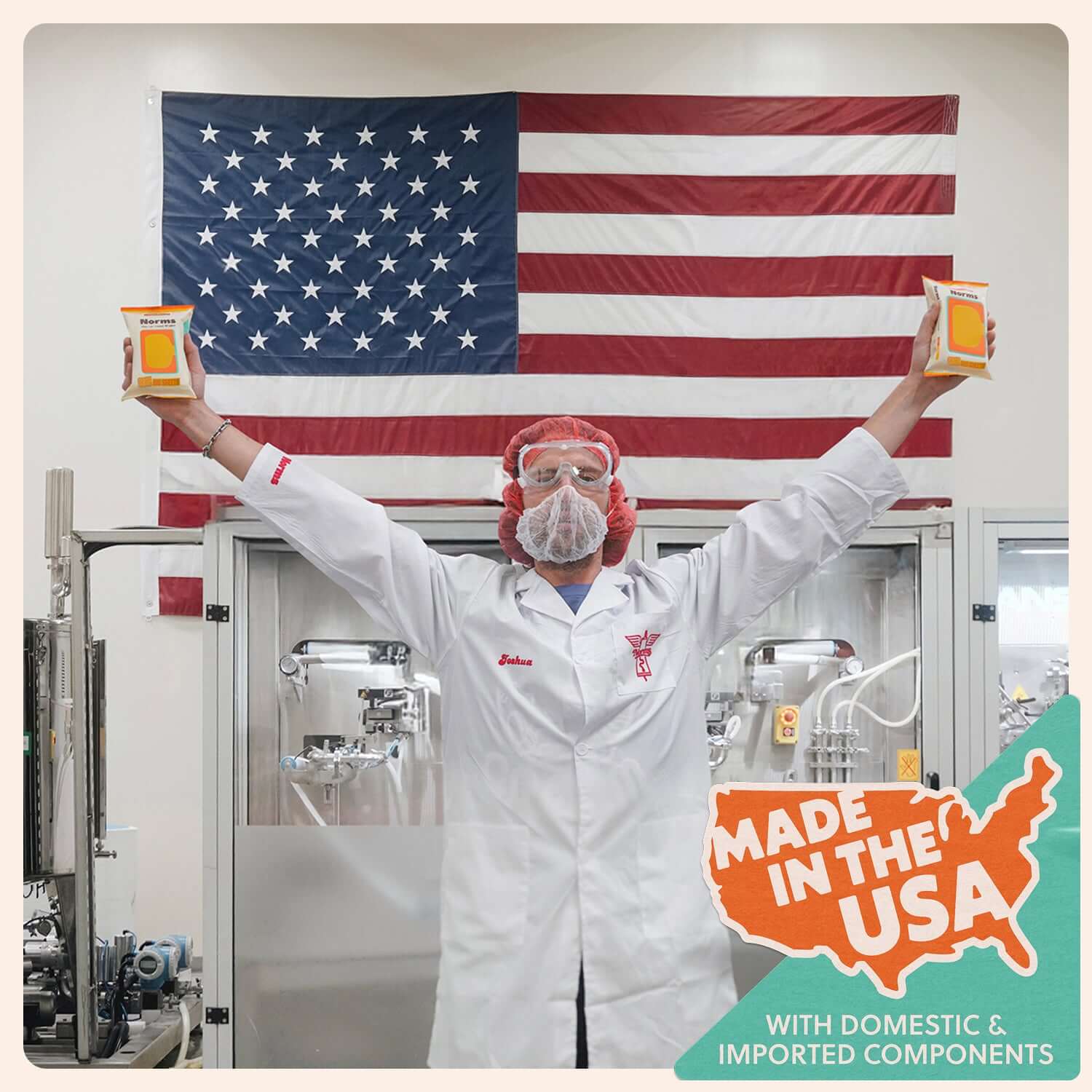 Person in lab coat holding products with American flag in background, showcasing Made in the USA.