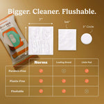 Comparison of Norms Big Sheets medicated wipes size against leading brands and features, highlighting flushable, paraben-free benefits.