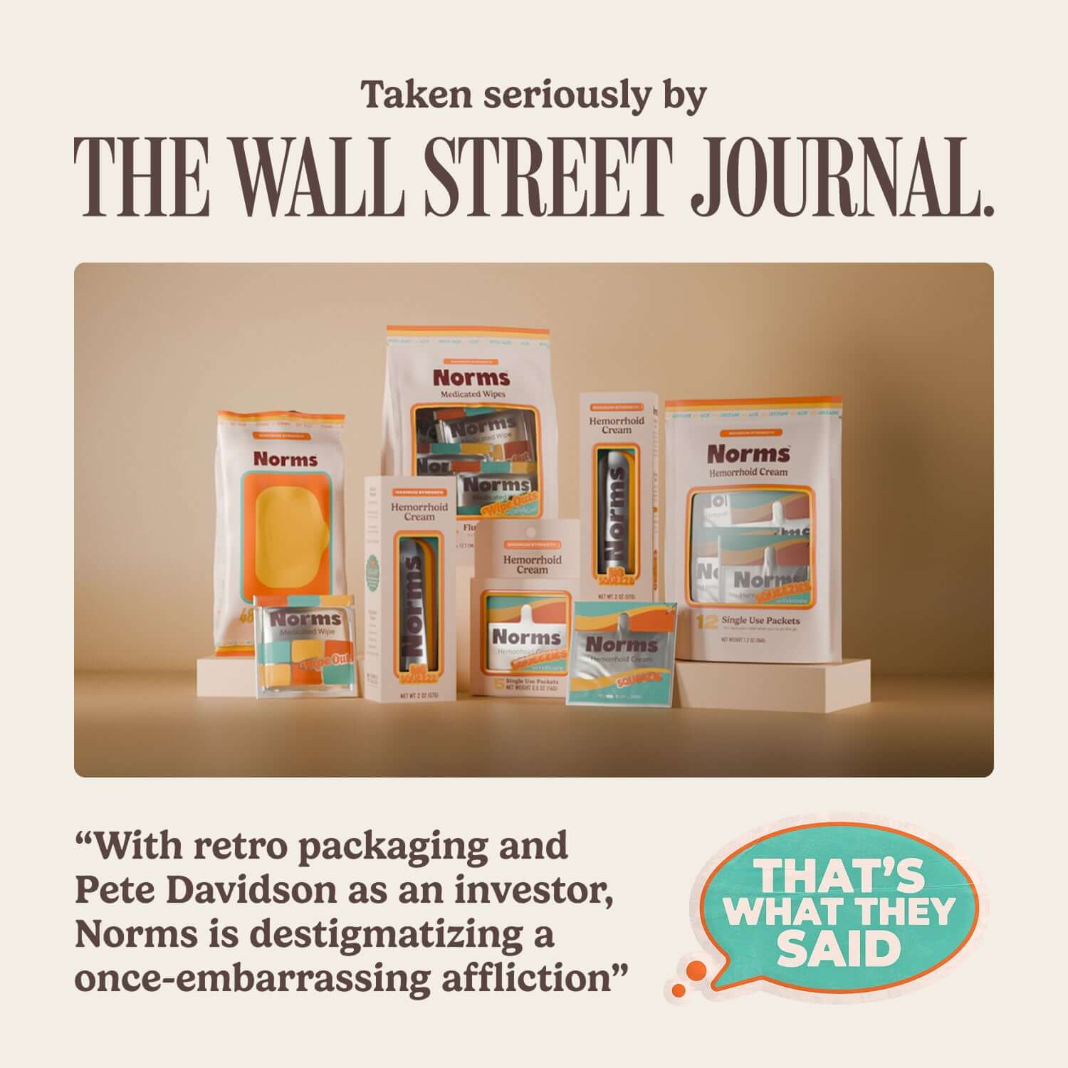Norms Big Sheets Medicated Wipes showcased in retro packaging with a Wall Street Journal endorsement.
