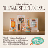 Norms Big Sheets Medicated Wipes showcased in retro packaging with a Wall Street Journal endorsement.