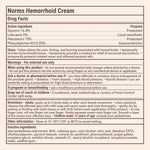 Drug facts label for Norms Hemorrhoid Cream with detailed information on active ingredients, uses, warnings, and directions.
