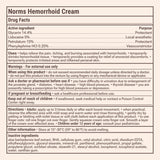 Drug facts label for Norms Hemorrhoid Cream with detailed information on active ingredients, uses, warnings, and directions.