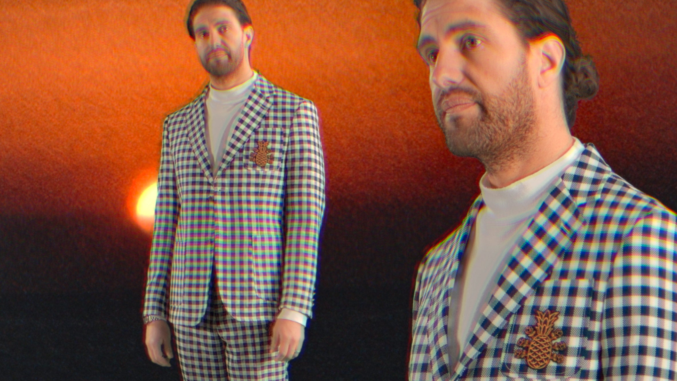 Man wearing a checkered suit with a sunset background. Introducing Norms hemorrhoid treatment