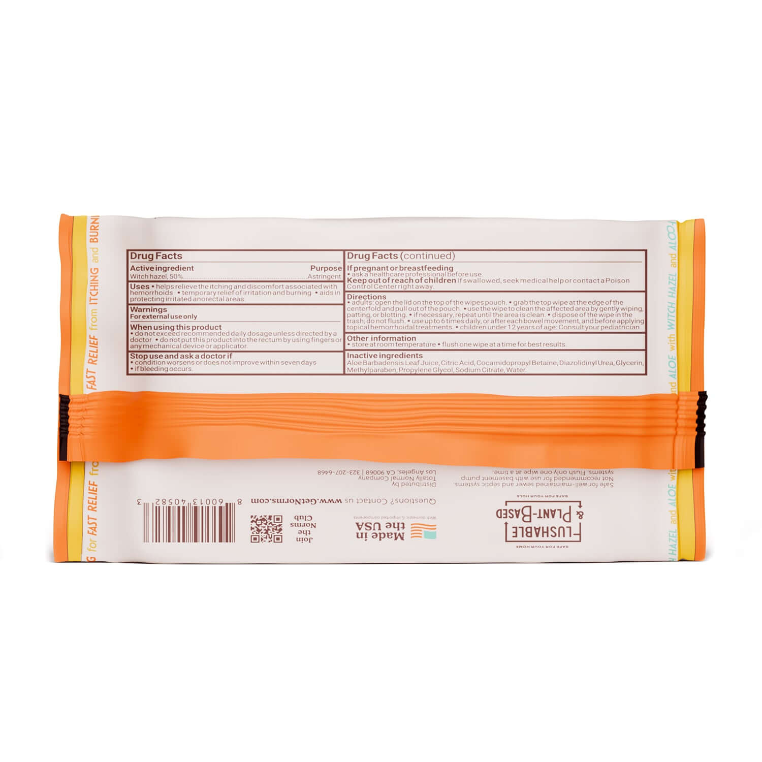 Back view of Norms Big Sheets Medicated Wipes packaging with drug facts label. Medicated Wipe for soothing relief.