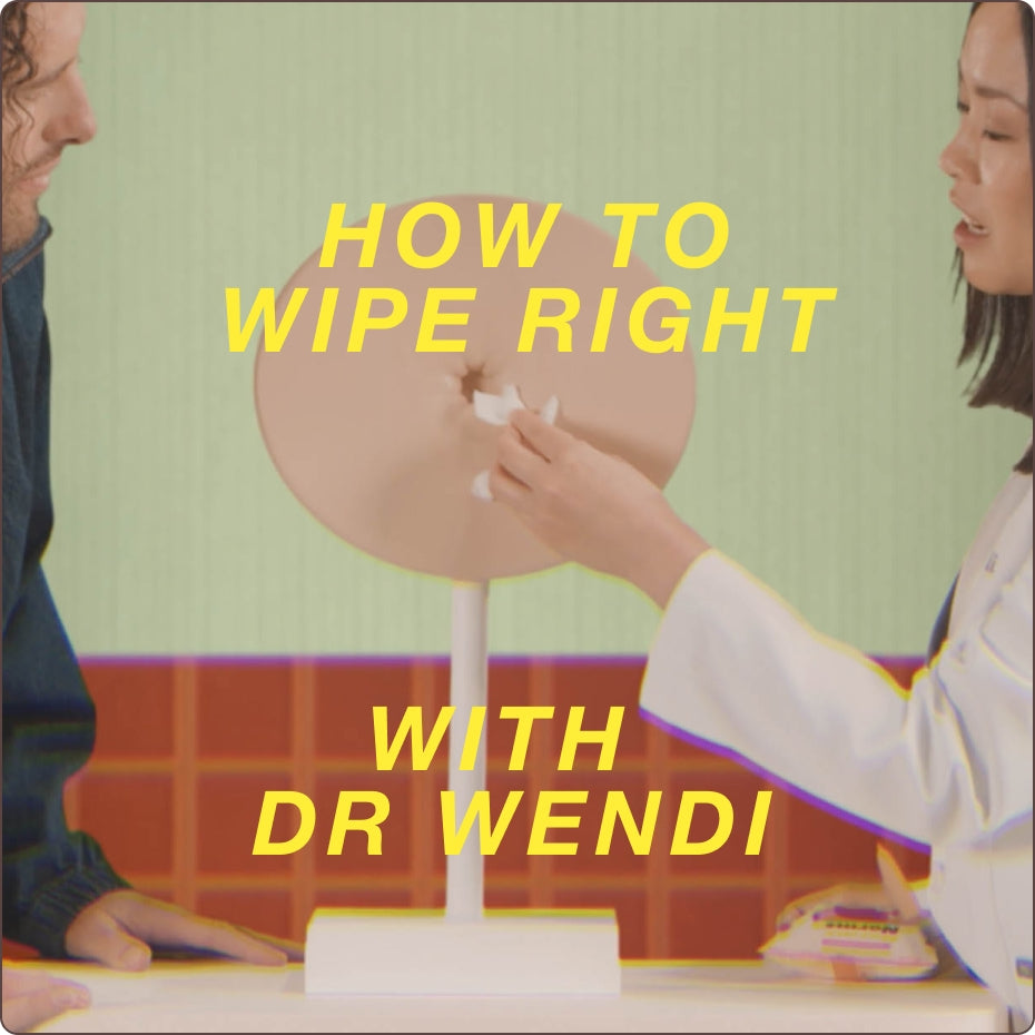 Promotional graphic for a hemorrhoid care tutorial with text 'How to Wipe Right with Dr Wendi' over an image of a person and a dental mirror.